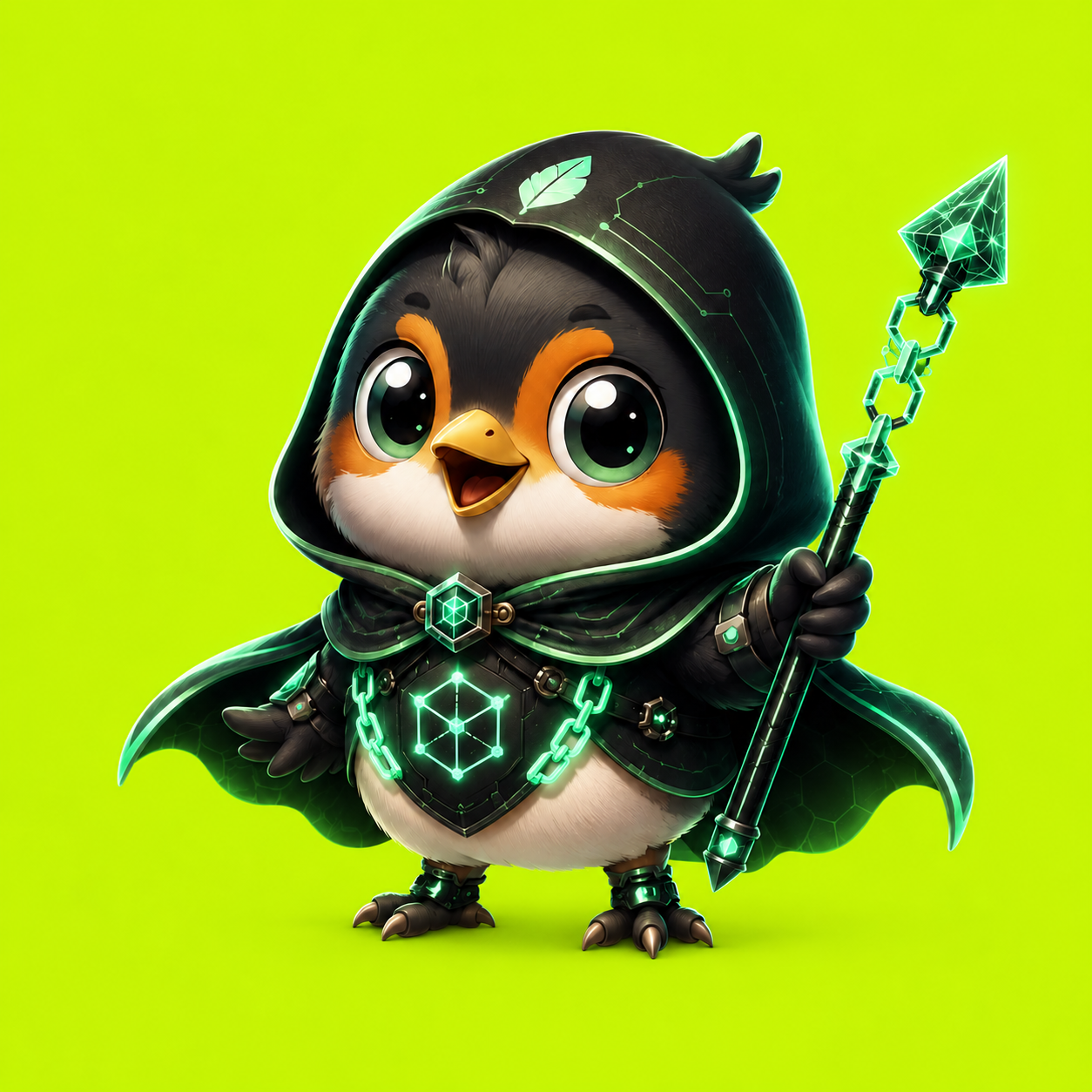 Robi, the hooded chain guardian holding a glowing green staff
